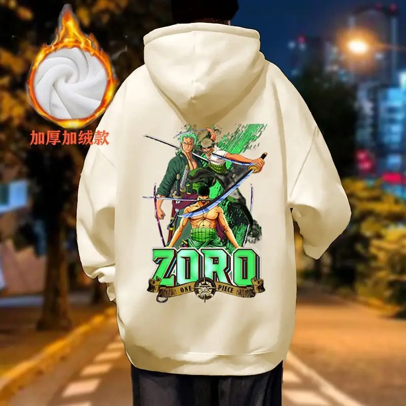 One Piece Roronoa Zoro Autumn and Winter Hooded Sweatshirt Thin with Thick Fleece for Couples Loose Fit Jacket