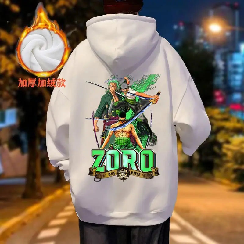 One Piece Roronoa Zoro Autumn and Winter Hooded Sweatshirt Thin with Thick Fleece for Couples Loose Fit Jacket