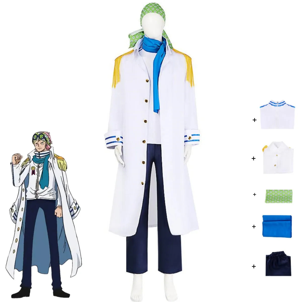 Anime Coby Cosplay Costume Marine Sword Member Military Uniform White Long Cloak Coat Scarf Adult Man Halloween Carnival Suit