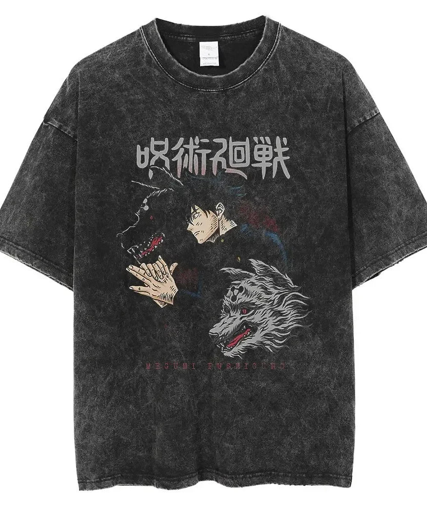 Vintage Anime Printed Washed T-shirt Men Women Cotton T Shirt Hip Hop Streetwear Summer Crew Neck Retro Short Sleeve Tees Tops