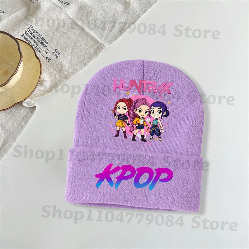 Kpop Demon Hunters Kawaii Knitted Hat for Girls Anime Cute Knit Hats Children Autumn Winter Windproof Warm Hats Gifts