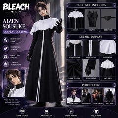 Bleach: Thousand-Year Blood War Aizen Sousuke Cosplay Costume – Black Robe & Blindfold Suit
