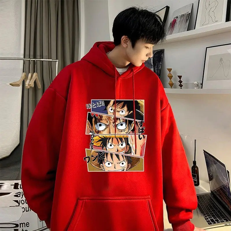 Anime One Piece Monkey D. Luffy Men's Autumn and Winter Printed Hoodie Versatile Hooded Pullover Jacket