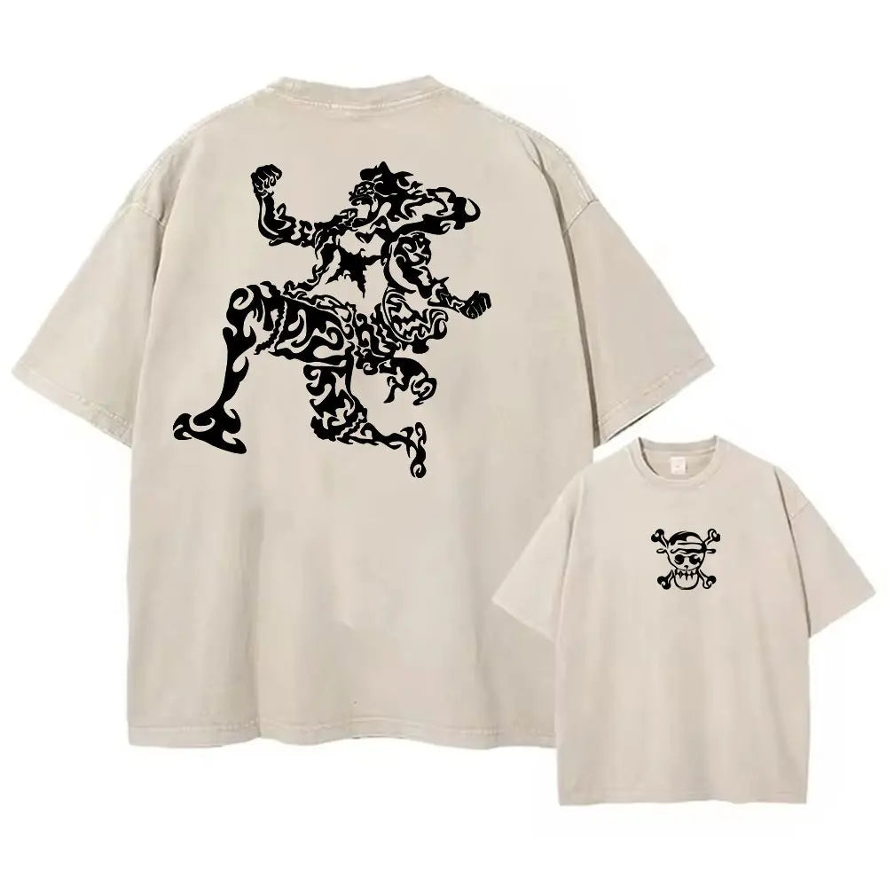 One Piece Anime Print Washed T-shirt Men Hip Hop Streetwear Oversized Women Short Sleeved Graphic Tee Summer Harajuku Casual Top