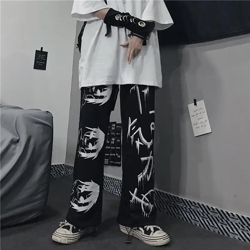 Black Harajuku printed anime sweatpants male streetwear wide leg oversize pants loose casual sport straight trousers men