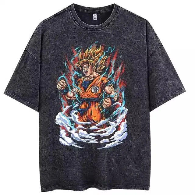 New Hip Hop Streetwear Anime Dragon Ball Printed Growzed T-Shirt Mens Washed Vintage Black Summer Casual Cotton T Shirt Fan Gift