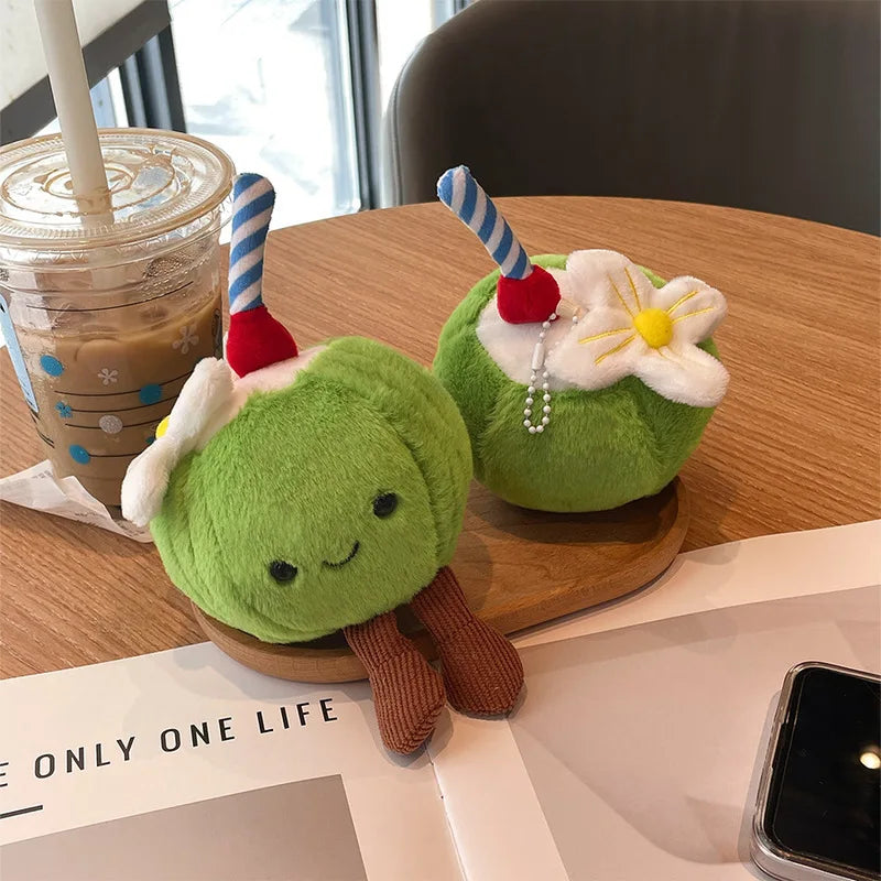 New 16cm Cute Coconut Plush Toy Soft Stuffed Doll With Straw Flower Tiny Legs Bag Pendant Keychain Ideal Gift For Girls