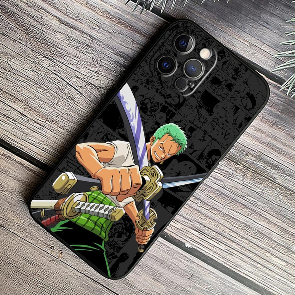One Piece Luffy & Crew Black Soft Case – Anime iPhone 7–15 Pro Max