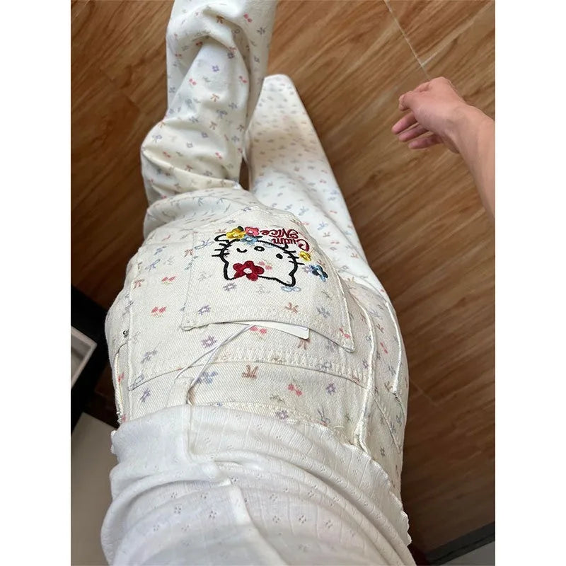 Simple Floral Sanrio Hello Kitty Embroidered Jeans Women's Summer 2025 New Large Size Loose High Waist Straight Trousers Gift