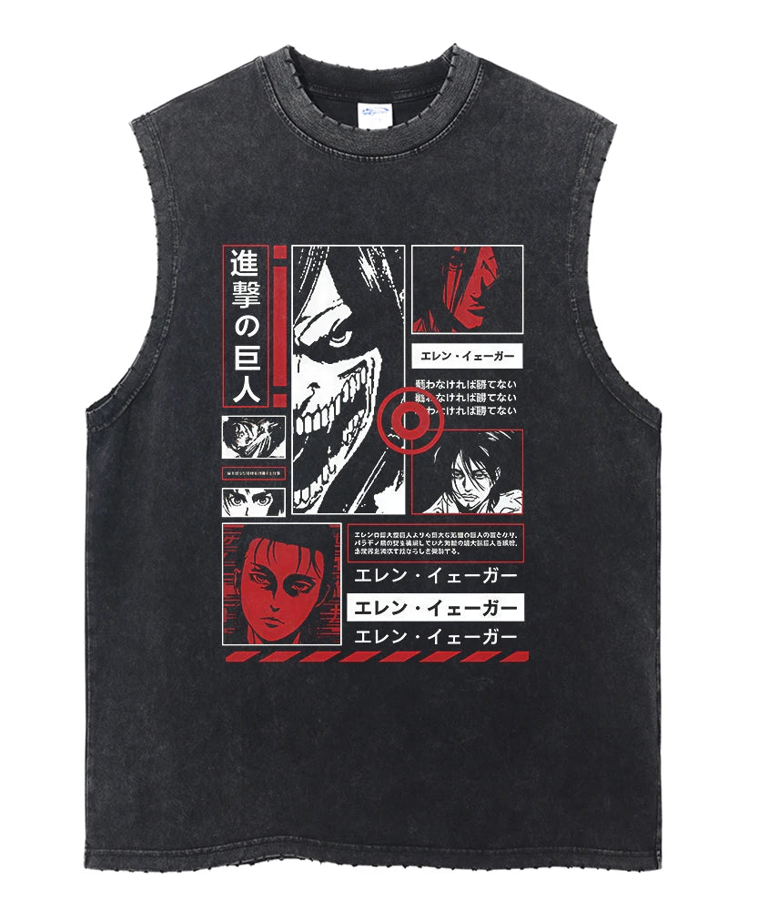 Men's Gym Tank Tops Attack on Titan Summer Y2k Washed Vintage Print Vest Women's Casual Sleeveless Shirts Anime-related Clothing