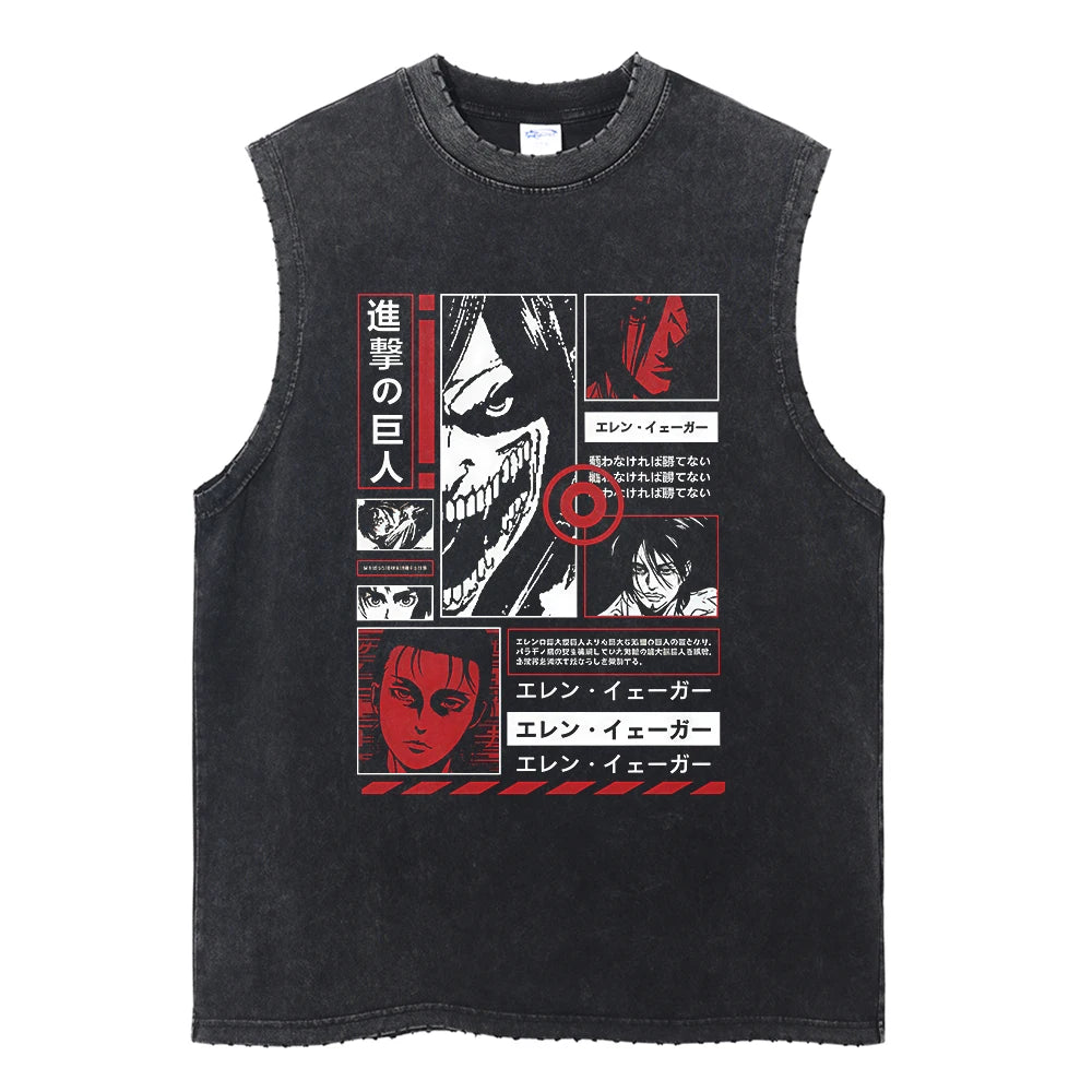 Men's Gym Tank Tops Attack on Titan Summer Y2k Washed Vintage Print Vest Women's Casual Sleeveless Shirts Anime-related Clothing