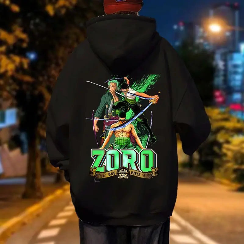 One Piece Roronoa Zoro Autumn and Winter Hooded Sweatshirt Thin with Thick Fleece for Couples Loose Fit Jacket