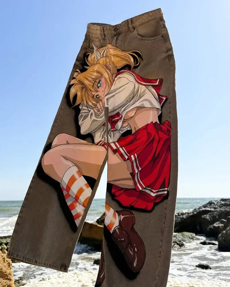 Harajuku Hip-hop Streetwear Trousers Women Y2K Retro Animation Print Baggy Jeans Men Goth High Street Loose Wide-leg Pants