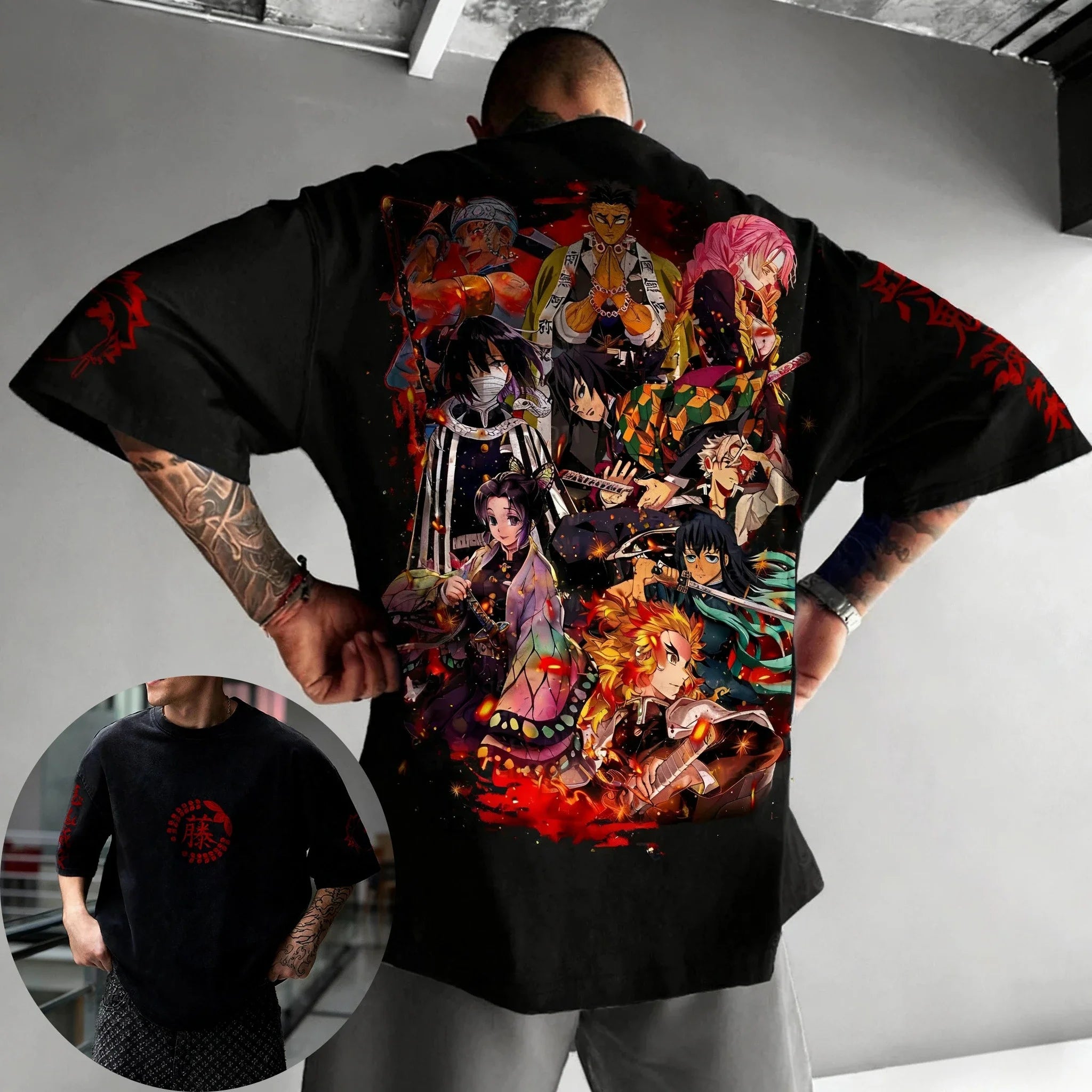 Demon Slayer Corps 9 Hashira Anime Printed T-shirt Men's Summer New Harajuku Large Size Trendy Casual Loose Parent Child Top