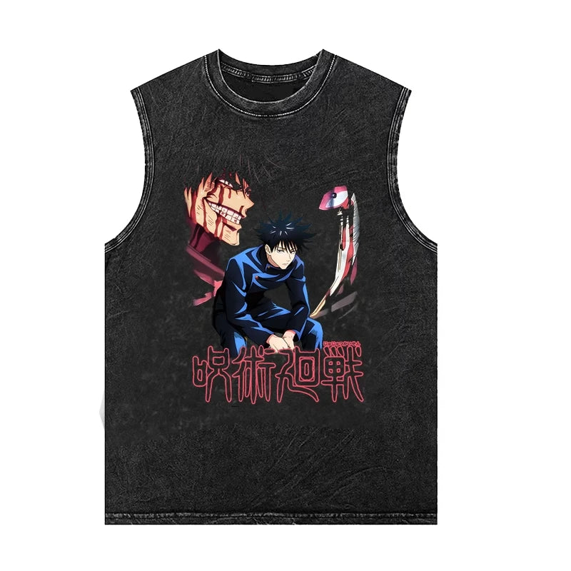 Men's Tank Tops Anime Gojo Jujutsu Man Sleeveless Shirt Summer New Women's Oversized Vintage Washed Vest Gym T Shirt Y2k Clothes