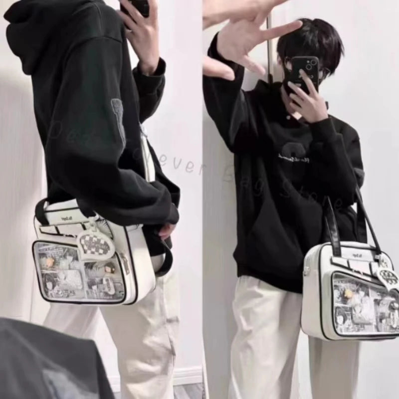 Unisex Graffiti Cartoon Fashion Ita Bag Japanese Style Kawaii Shoulder Crossbody Bags Transparent Front Pocket DIY Tote Handbags