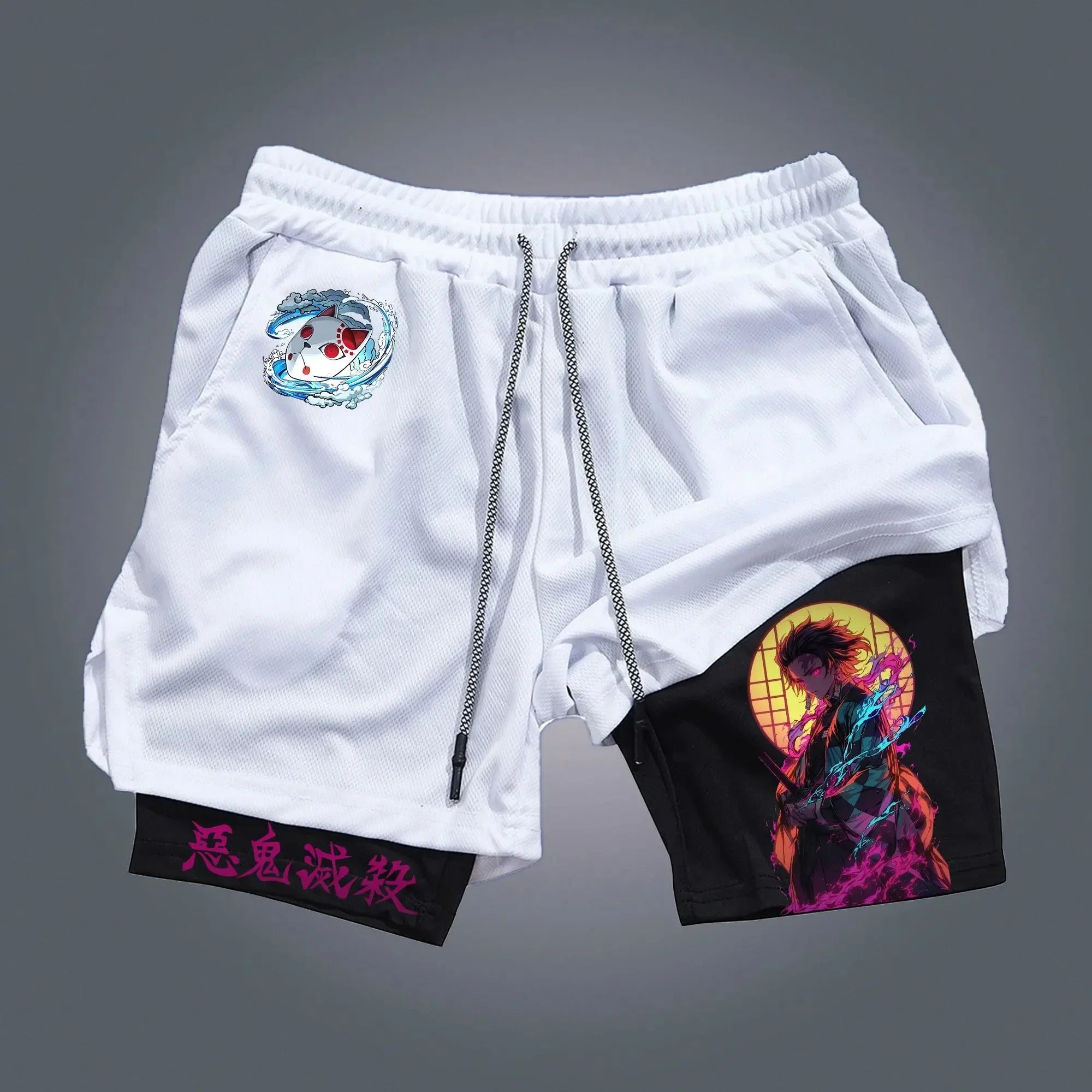Demon Slayer Anime Tanjirou Printed 2-in-1 Sports Shorts Summer Men's New Trendy Fitness Quick Drying Y2K Double Layer Shorts