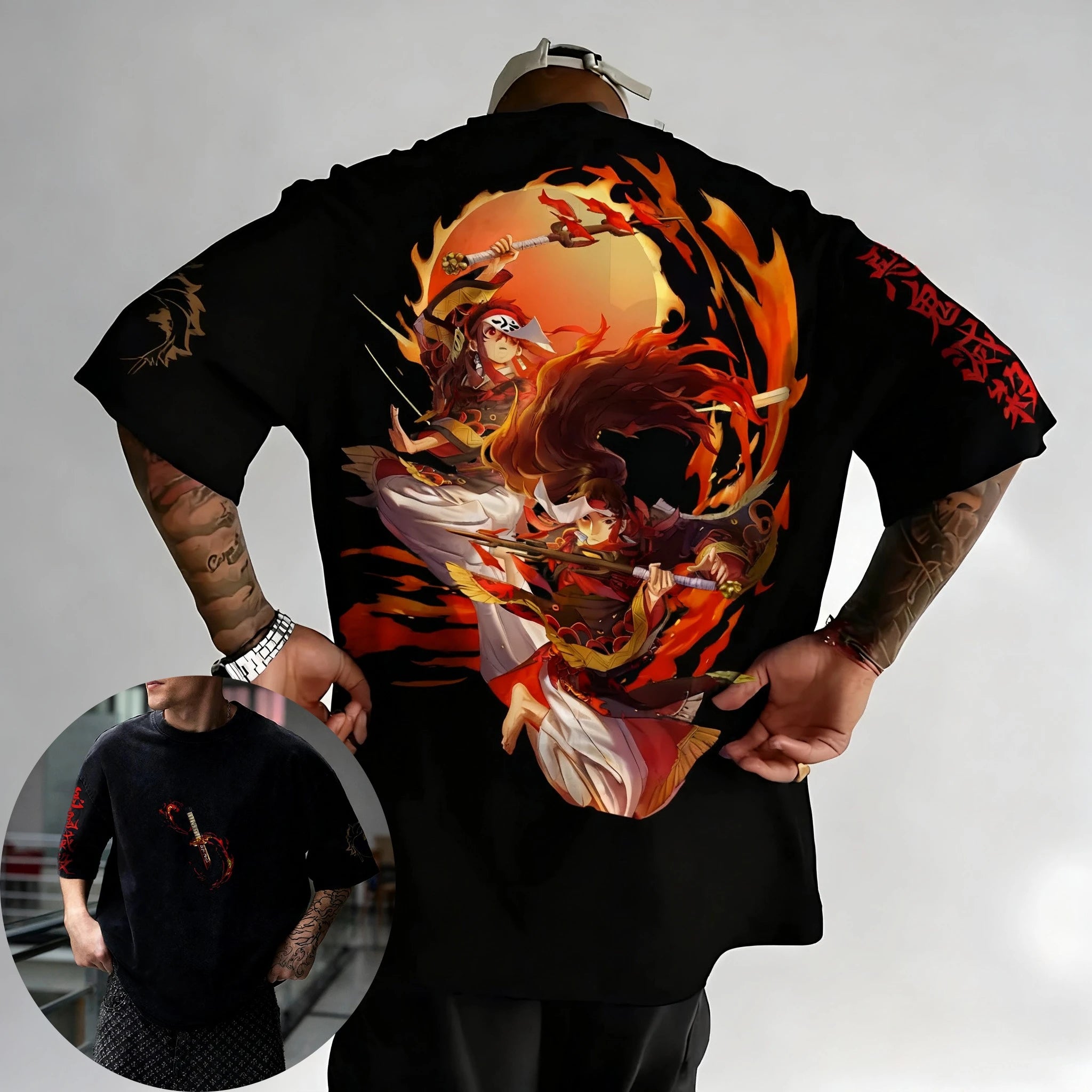 Demon Slayer Corps 9 Hashira Anime Printed T-shirt Men's Summer New Harajuku Large Size Trendy Casual Loose Parent Child Top