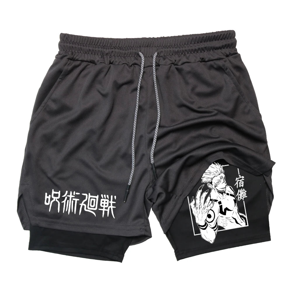 Anime Gym Shorts 2 In 1 Double Layer Men Workout Sports Jogging Sportwear Training Sport Shorts Male Summer Performance Shorts