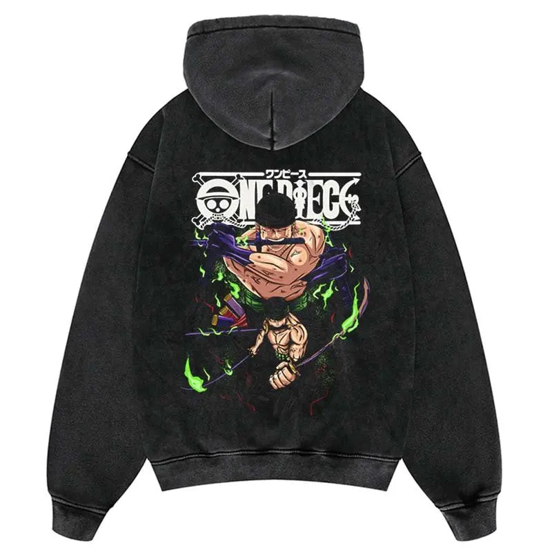 Vintage Washed One Piece Zoro Anime Hoodie Men Women Casual Streetwear Oversized Graphic Pullover Sweatshirt Spring Autumn Tops