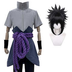 Uchiha Sasuke Anime Cosplay Costume & Wig Set – Grey Top, Pants & Purple Cord Belt