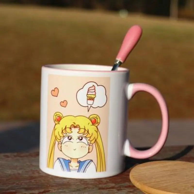 Sailor Moon Usagi Ceramic Mug with Lid & Heart Spoon – Cute Anime Gift Cup