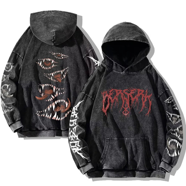 Gothic Vintage-Washed Hoodie — Teeth Print Oversized Pullover