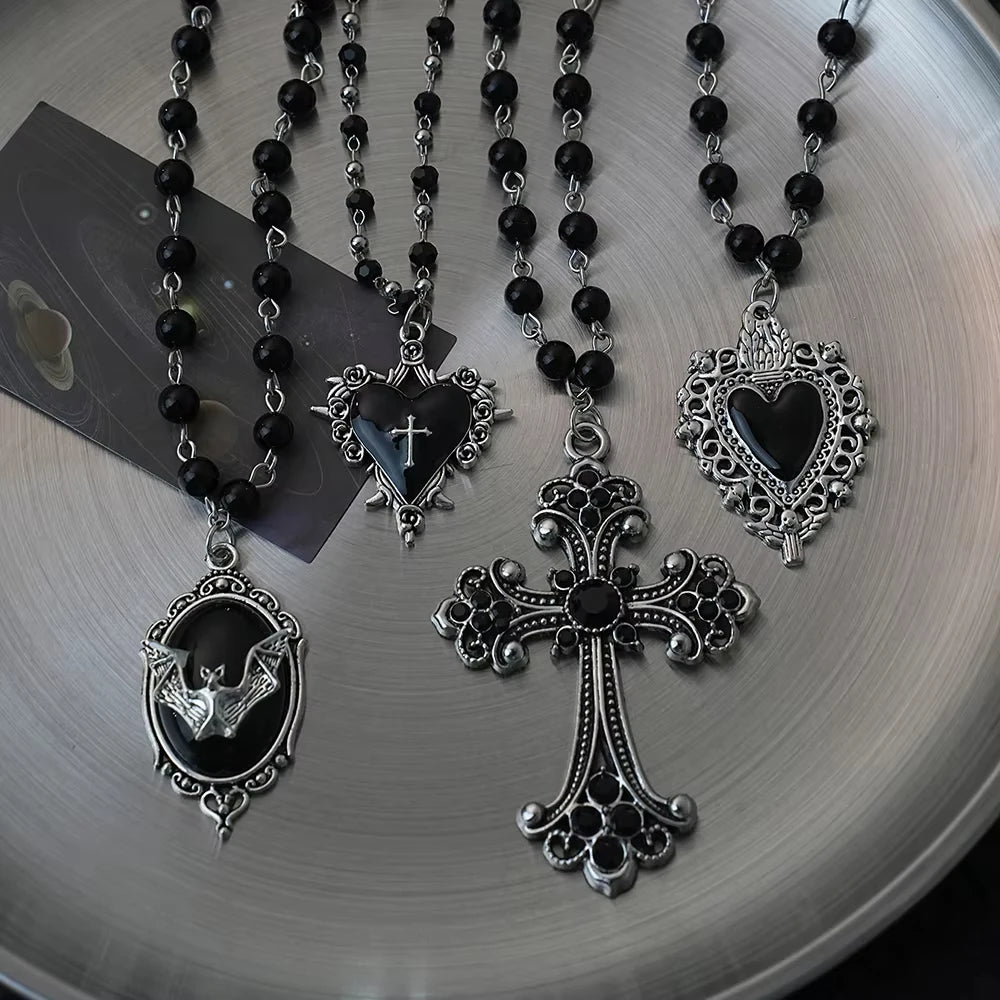 Gothic Bat Cross Dark Pendant Necklace Set Thorn Love Black Bead Stacked Necklace Halloween Gifts