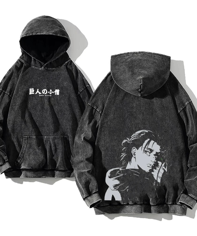 Attack on Titan Acid-Washed Hoodie – Manga Streetwear Long Sleeve