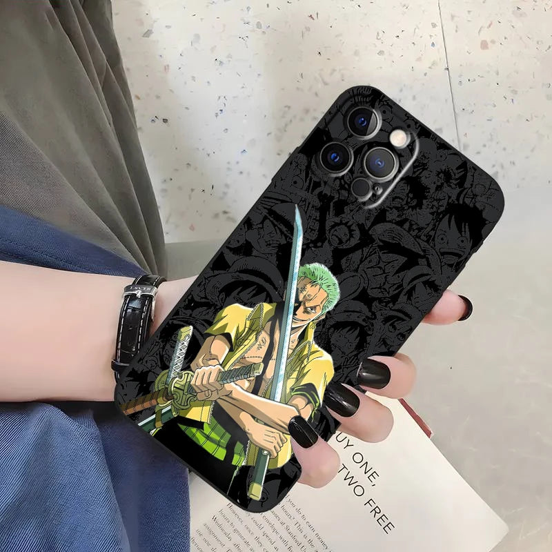 One Piece Luffy & Crew Black Soft Case – Anime iPhone 7–15 Pro Max