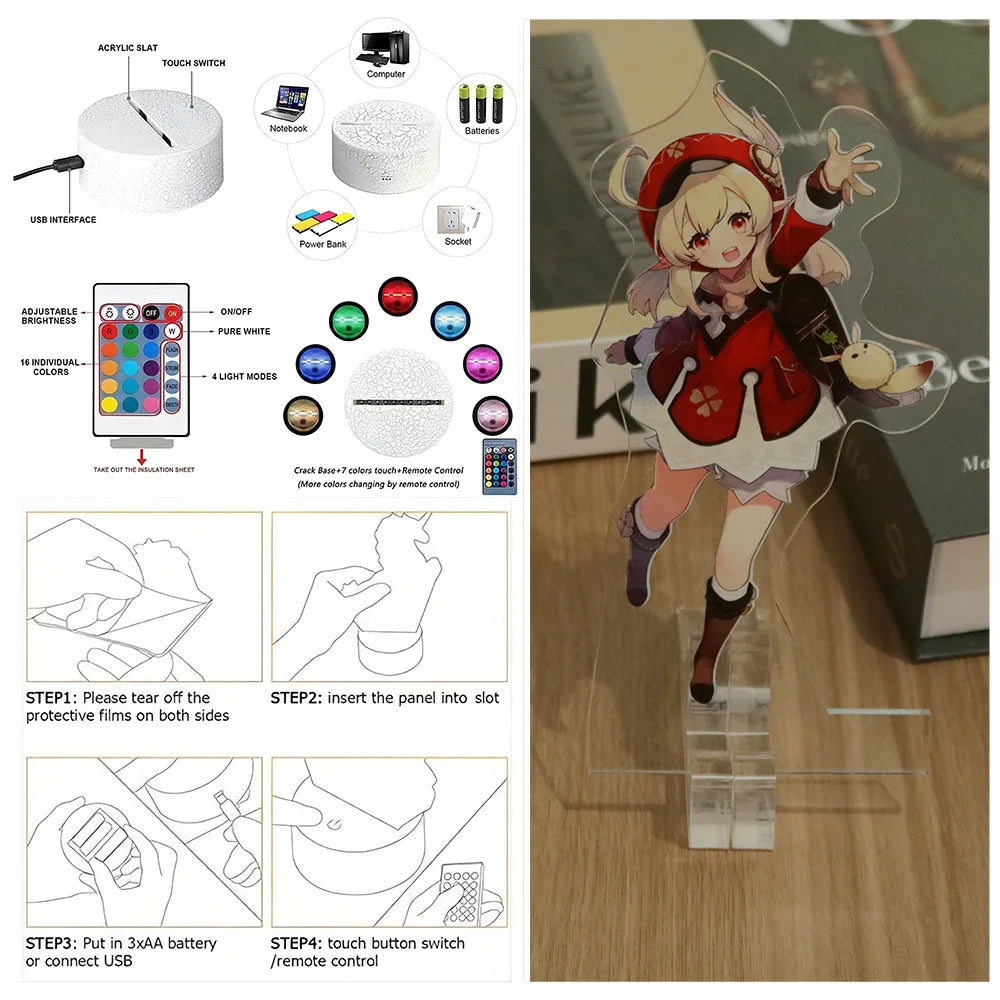Genshin Impact 3D Lamp LED Night Light Anime Figures Zhongli Raiden Shogun Remote RGB Dream Colors Kids Bedroom Home Decor