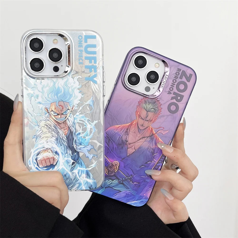 One Piece Case For iPhone 16 15 14 13 17 Pro Max Luffy Zoro electroplated Camera Protect Cover