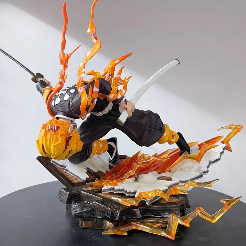 28cm Anime Demon Slayer Agatsuma Zenitsu Fire Thunder God Action Figure PVC Statue With Effect Base Collectible Model Toy Gift