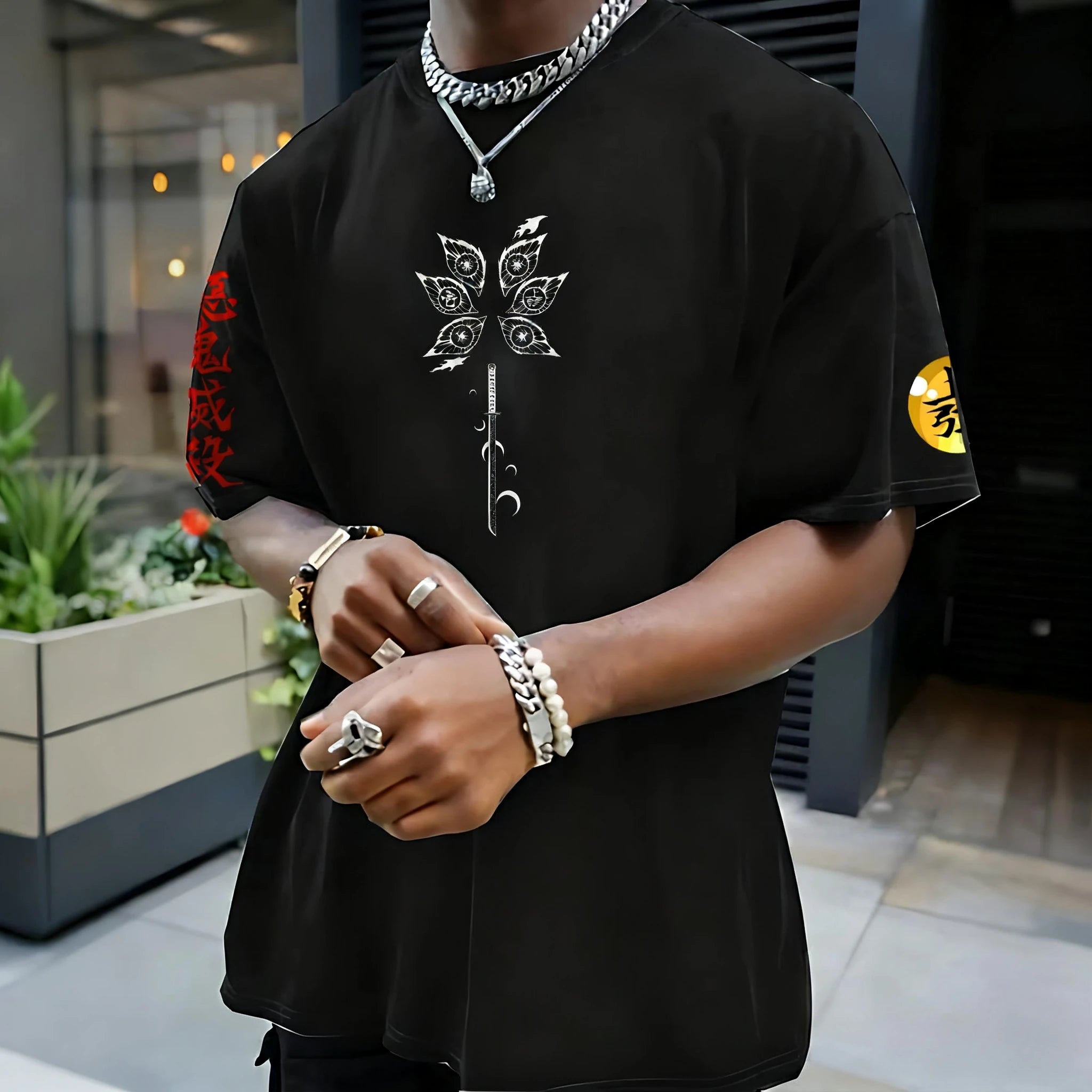 Demon Slayer Halloween Joint T-shirt Men's Summer New Kokushibo Anime Print American Trend Casual Loose Short Sleeved Top