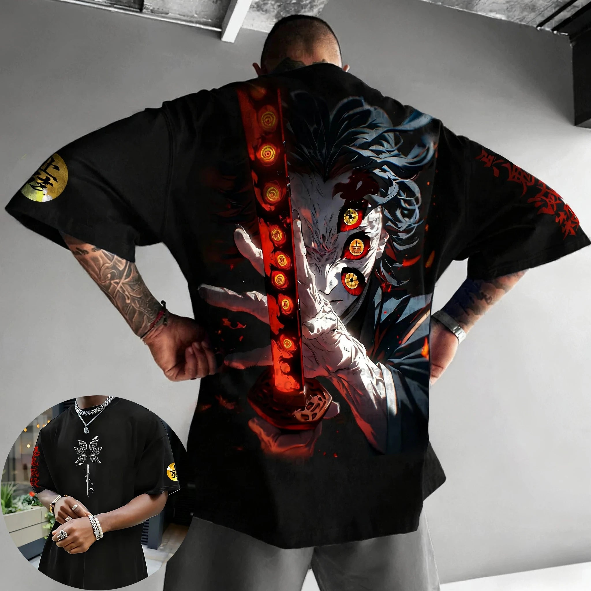 Demon Slayer Halloween Joint T-shirt Men's Summer New Kokushibo Anime Print American Trend Casual Loose Short Sleeved Top