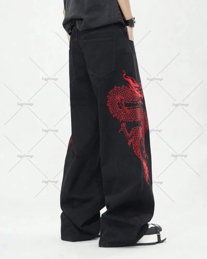 New Retro Oriental Dragon Design Fashionable Loose Jeans Men Street Hip-hop Casual Straight Wide-leg Pants Women