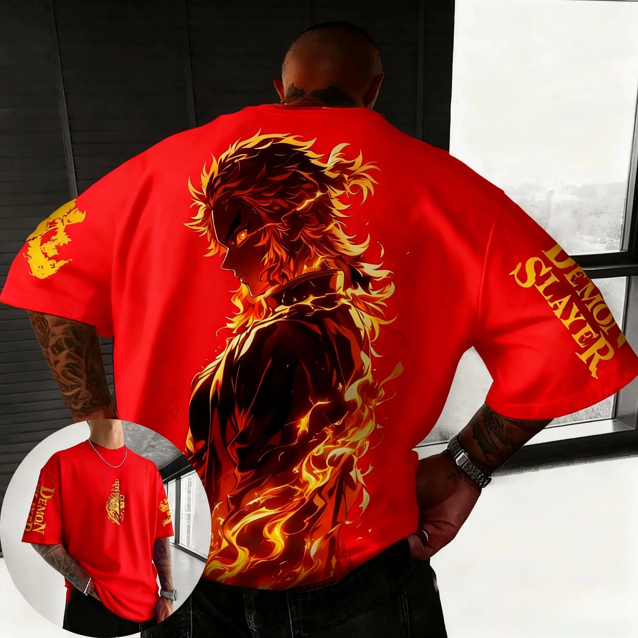 Demon Slayer Men's T-shirt Summer New Rengoku Kyoujurou Anime Print Harajuku Oversized Casual Short Sleeved Tee Top Y2k Clothes