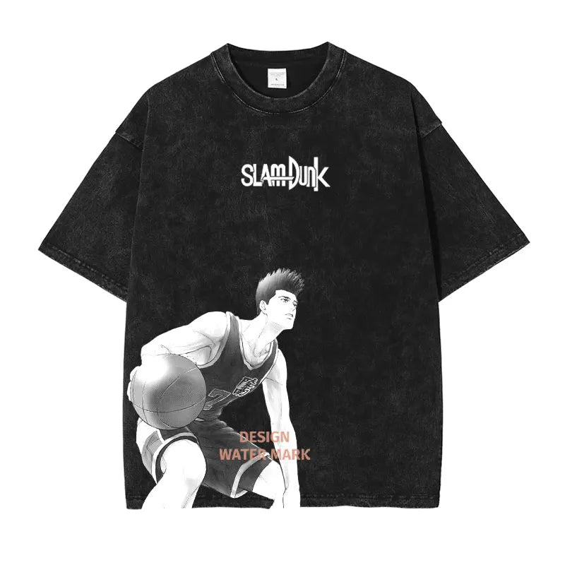Hanamichi Rukawa Haruko T Shirt Slam Anime Dunk Sendou Vintage Washed Tops Tees Short Sleeve Manga Graphic T-shirt Man Cotton