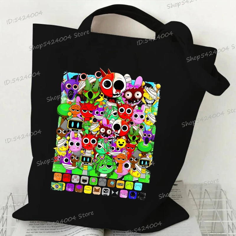Anime Sprunki Incredibox Game Handbags Women Men Large Capacity No Zipper Canvas Tote Bag Sprunki Figure Shoulder Bag