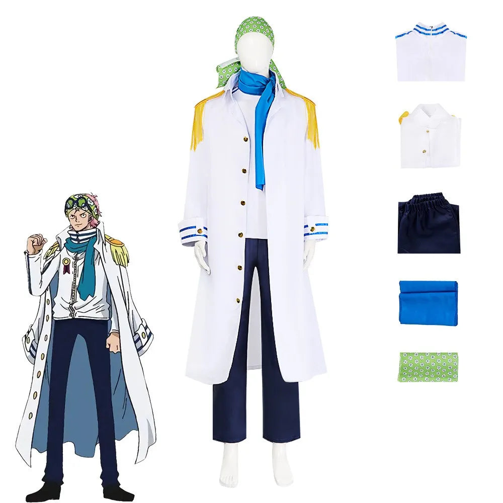 Anime Coby Cosplay Costume Marine Sword Member Military Uniform White Long Cloak Coat Scarf Adult Man Halloween Carnival Suit