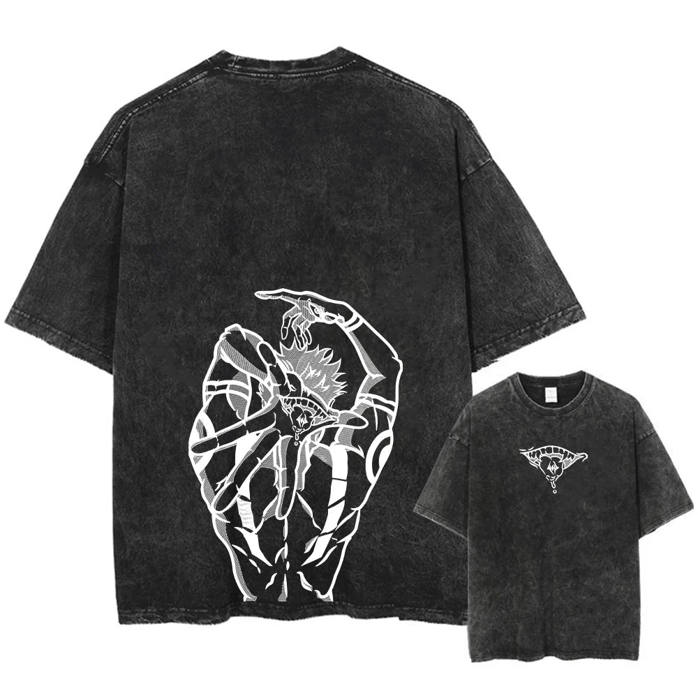 Summer Washed T Shirt Anime Graphic Print Streetwear Vintage Oversized T-Shirt Men Fashion Cotton Top Tee Black Tshirt