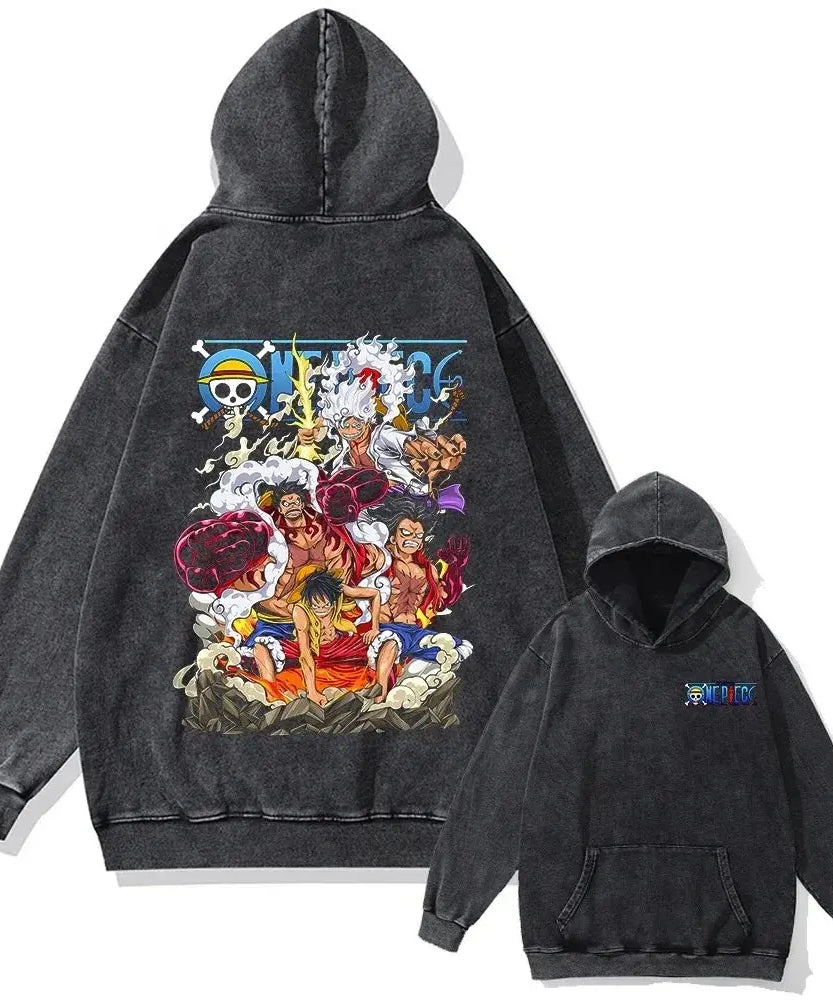 Spring Autumn Trendy Anime One Piece Oversized Hooded Sweatshirt Men Women Vintage Washed Streetwear Pullover Casual Y2k Clothes