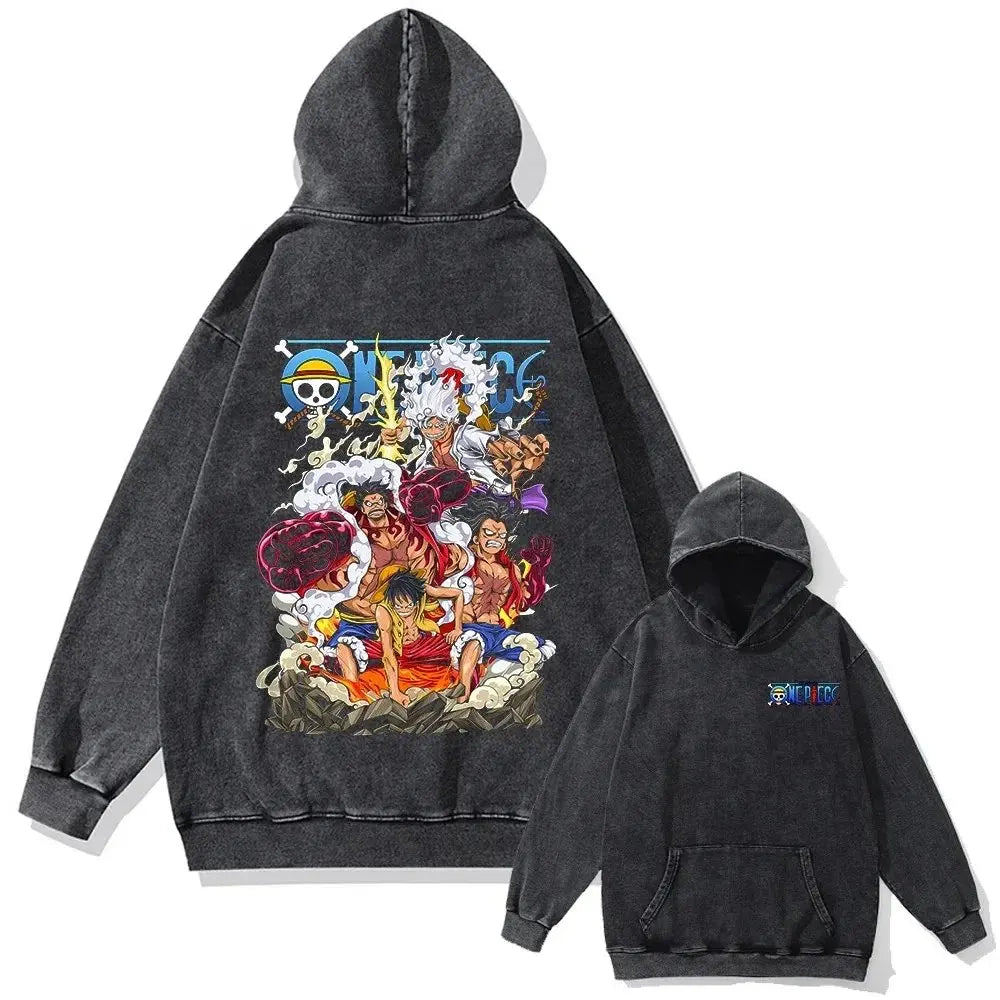 Spring Autumn Trendy Anime One Piece Oversized Hooded Sweatshirt Men Women Vintage Washed Streetwear Pullover Casual Y2k Clothes