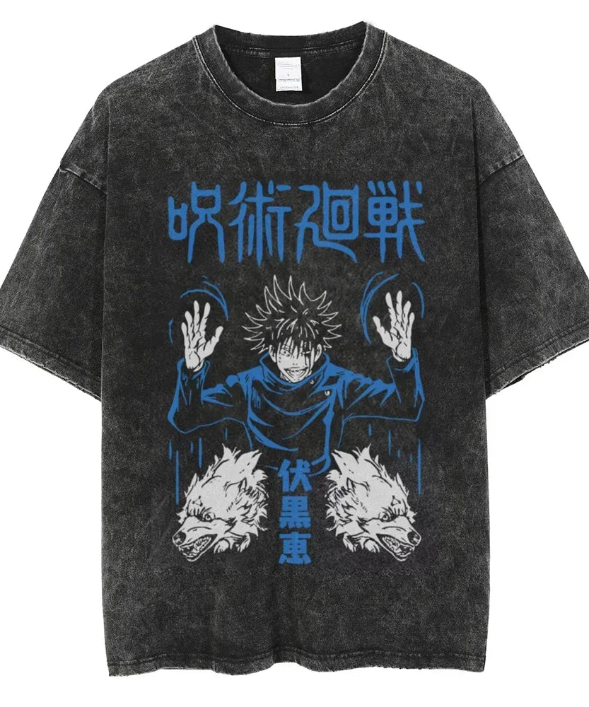 Vintage Anime Printed Washed T-shirt Men Women Cotton T Shirt Hip Hop Streetwear Summer Crew Neck Retro Short Sleeve Tees Tops