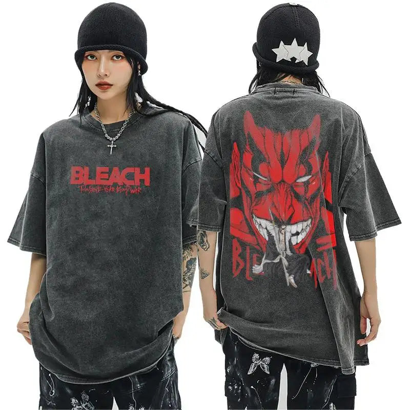 Anime Tshirts Men Women Bleach Zaraki Kenpachi Printed Acid T-Shirt Cotton Graphic Punk Harajuku Tees Men's Clothing