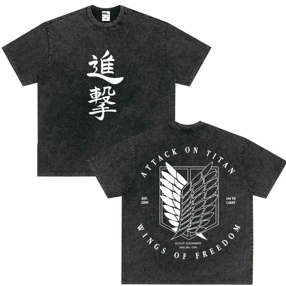 Tshirts Anime Attirtsack on Titan Washed T-shirt Vintage Wears Men Women Fashion Clothes tshirt for Teens