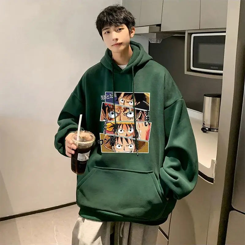 Anime One Piece Monkey D. Luffy Men's Autumn and Winter Printed Hoodie Versatile Hooded Pullover Jacket