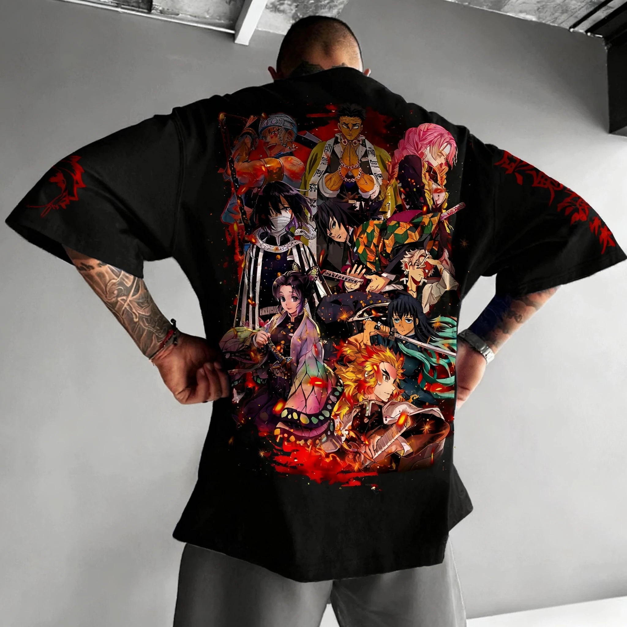 Demon Slayer Corps 9 Hashira Anime Printed T-shirt Men's Summer New Harajuku Large Size Trendy Casual Loose Parent Child Top
