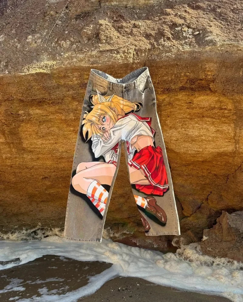 Harajuku Hip-hop Streetwear Trousers Women Y2K Retro Animation Print Baggy Jeans Men Goth High Street Loose Wide-leg Pants