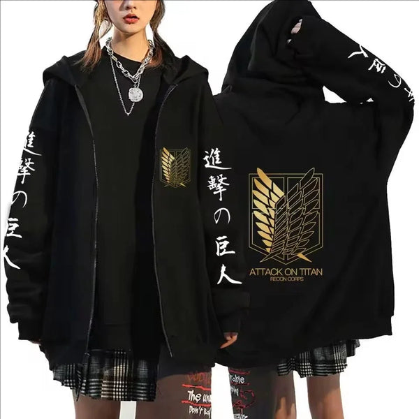 Attack on Titan Trendy Pattern Printed Zipper Hoodie – Punk Style Fleece Sweatshirt